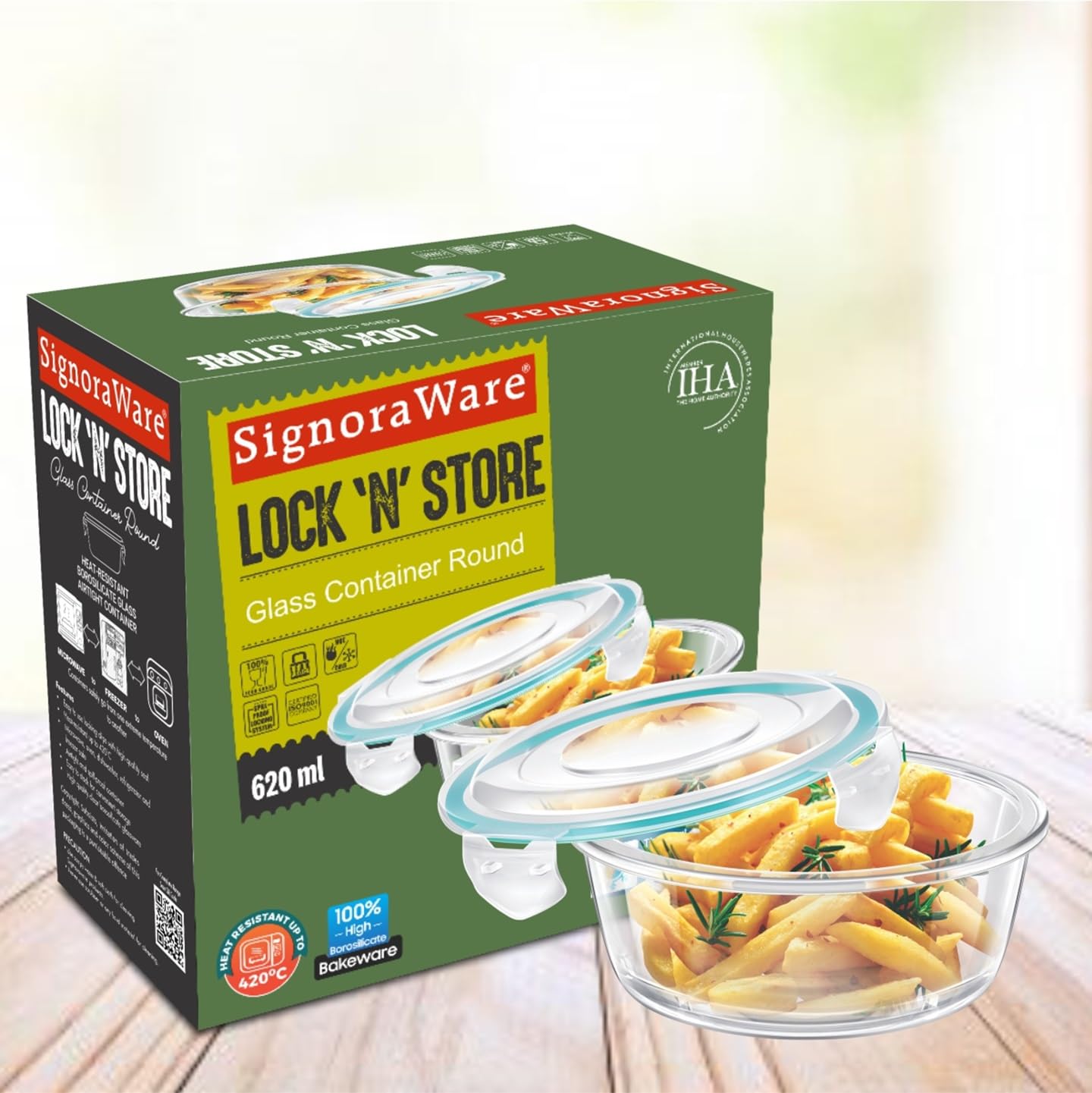 SignoraWare Lock N Store Borosilicate Glass Round Container | Microwave & Dishwasher Safe | Heat Resistant | Air tight & Spill Proof | Storing leftover | Best for Baking & Serving (620 ml | Clear)