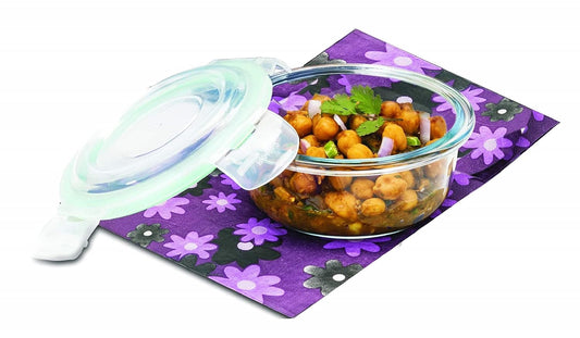 SignoraWare Lock N Store Borosilicate Glass Round Container | Microwave Safe | Convenient Storage | Air tight Lid | Useful for Storage Snacks & Treats | Best for office use (950 ml | Clear)