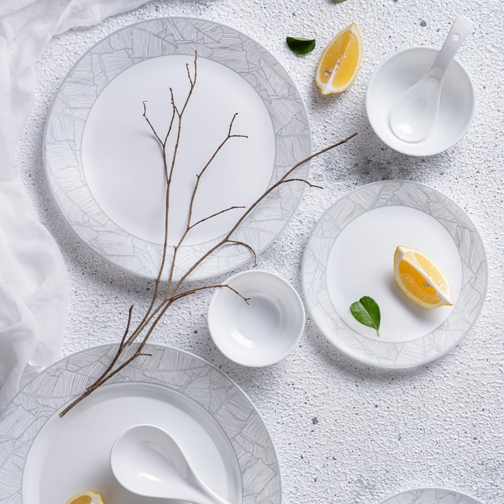 Larah by Borosil Premia Series Ivy Opalware Dinner Set | 37 Piece for Family of 6 | Microwave & Dishwasher Safe | Bone-Ash Free | Crockery Set for Dining & Gifting | Plates & Bowls | White