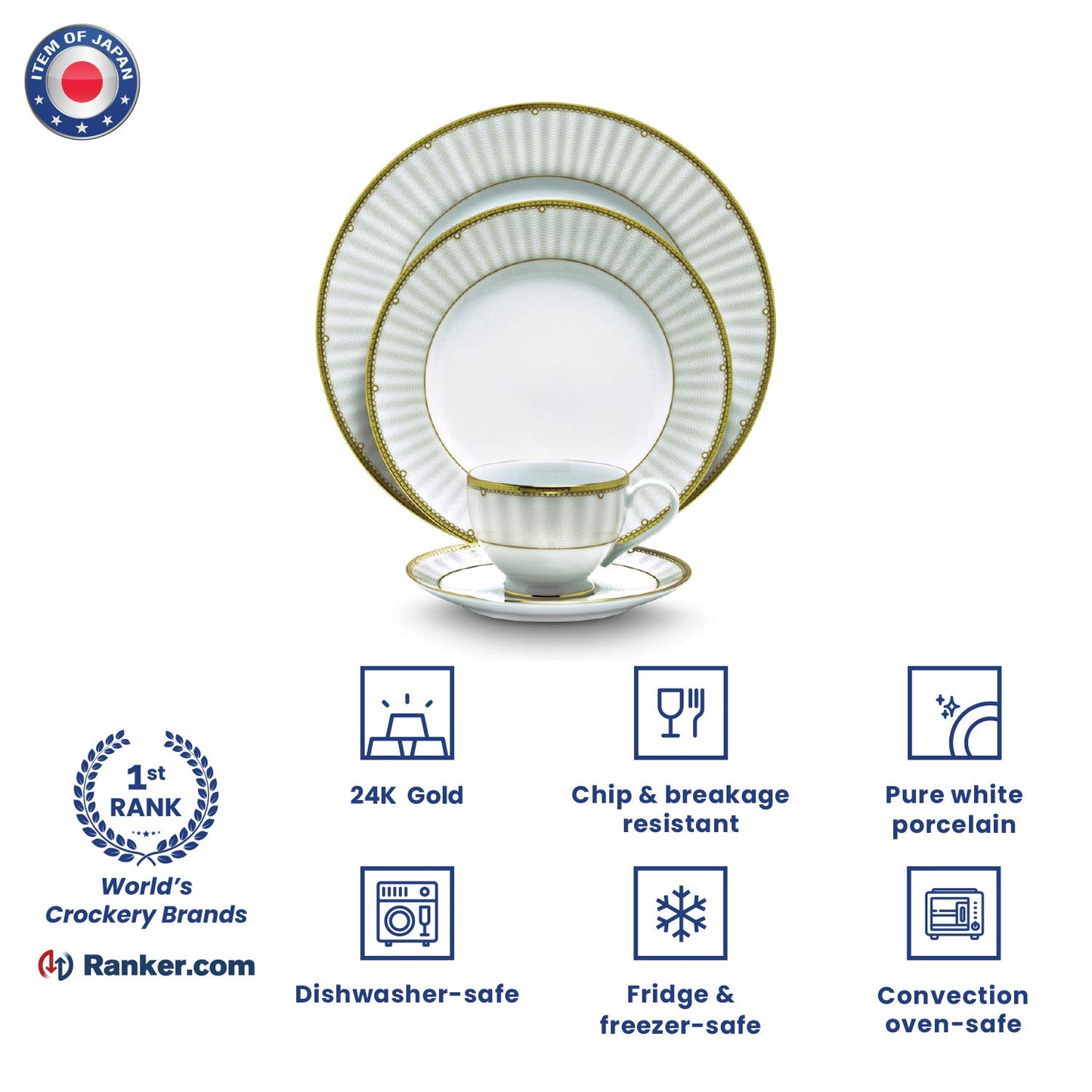 Noritake Japan Porcelain Ceramic Dinner Set 24K Gold, 21 Pieces, Service for 6 - Dining Set for Home - Crockery Dinner Set for Gift at Weddings - Plates Dinnerware Sets Hearth Collection Monarch Gold