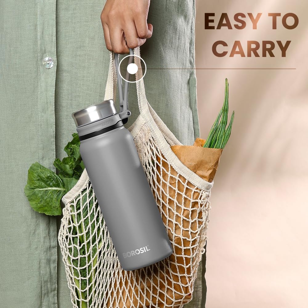 Borosil Hydra Aquafit 830 ml Grey Stainless Steel Water Bottle | Double Wall Vacuum Insulated Thermo Flask | 14 hrs Hot & 16 hrs Cold | Leakproof, Wide Mouth, Strap | Bottle for Gym, Office, School