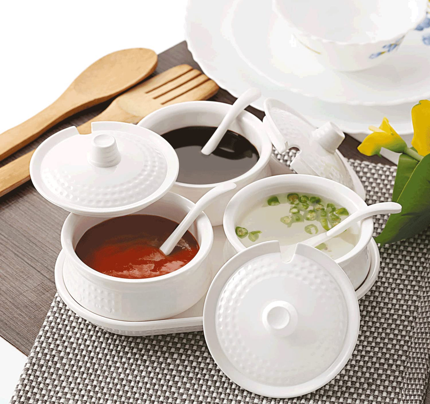 CELLO Melamine Mellow White Pickle Serving Set With Tray (3 Pieces) | Condiment, Masala Container | Pickle and Chutney Jar for Dining Table, Beige