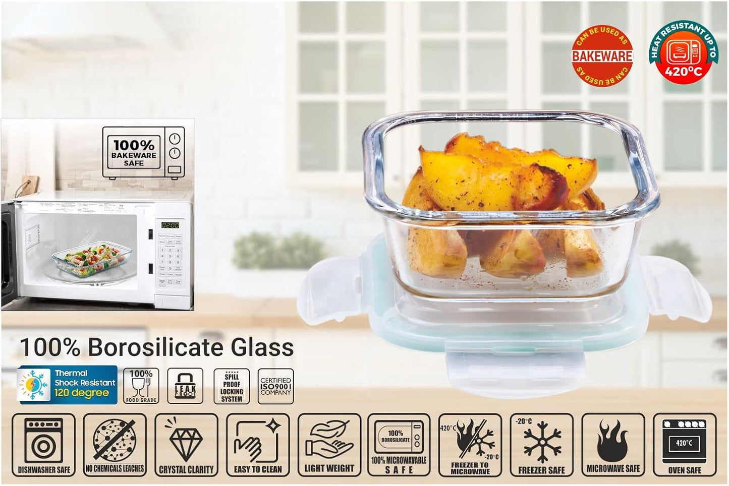 SIGNORA WARE Lock 'N' Store Square High Microwave Oven Borosilicate Safe Glass Container With Air Tight Lid | Multipurpose Jar Box (2200Ml / 2.2 Litre, Transparent, Food Grade)