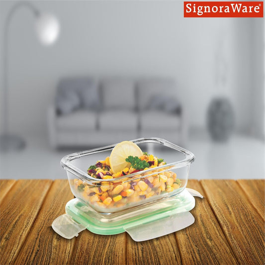 Signoraware Lock N Store Borosilicate Glass Rectangular Container with Lid | Microwave & freezer safe | Airtight & Leakproof | Ideal for Kitchen Use, Lunch box & Reheating Leftovers (Clear| 370ml)