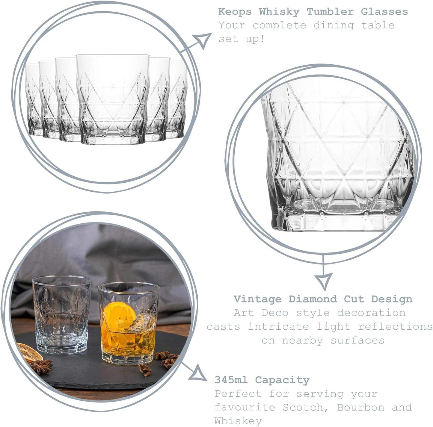 LAV Keops Whisky Tumbler Glasses - 345ml - Pack of 6 Rocks Glasses/Whiskey Glasses