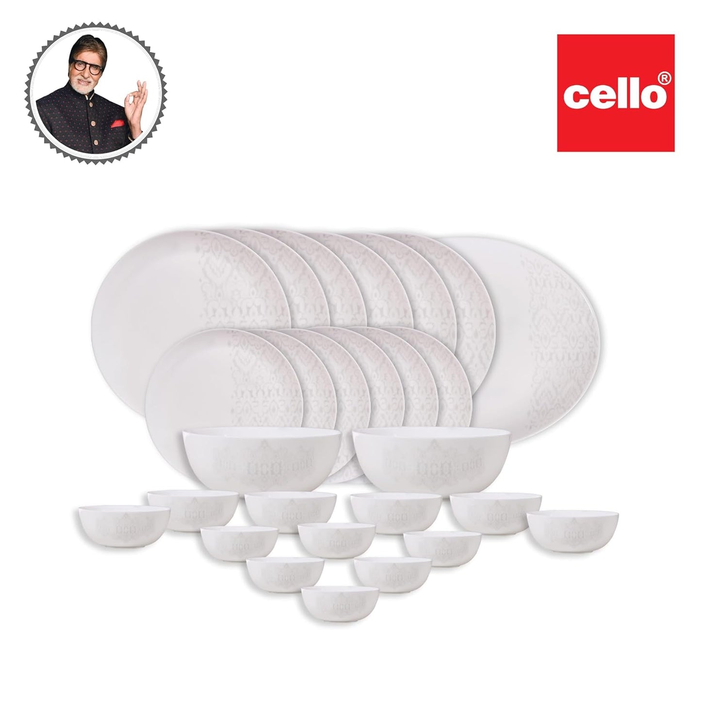 Cello Opalware Royale Series Pristine Dinner Set, 27 Units | Opal Glass Dinner Set for 6 | Crockery Set for Festive Ocassions, Parties | White Plate and Bowl Set