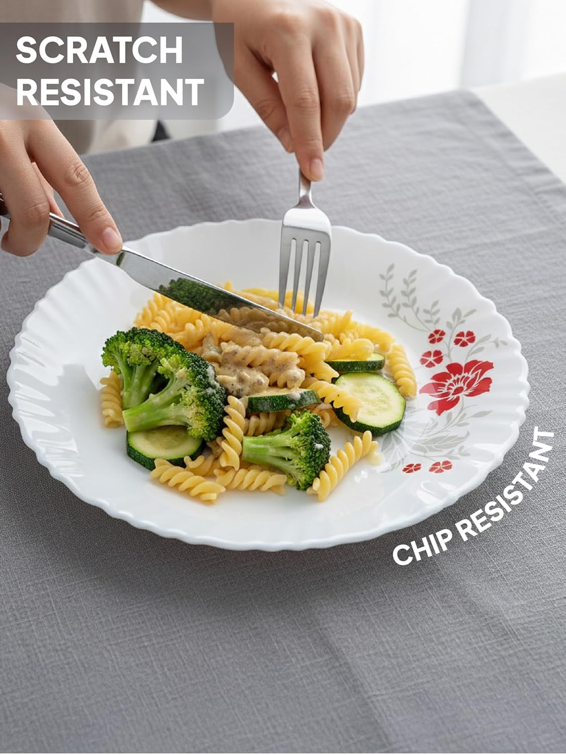 CELLO Scarlet Bliss Dazzle Series Opalware Dinner Set of 35 Pieces for Family of 6 | Bone-Ash Free & Leadfree Opal Glass, Microwave & Dishwasher Safe, Plates & Bowls Crockery Set for Dining & Gif