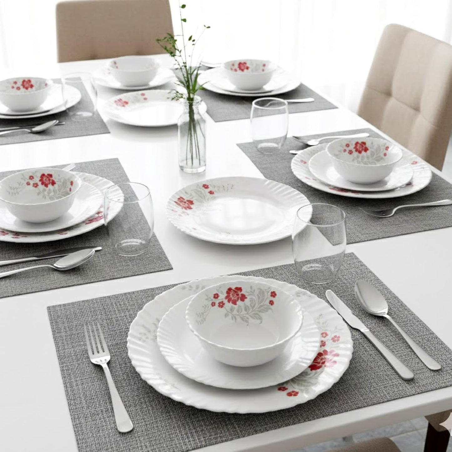 CELLO Scarlet Bliss Dazzle Series Opalware Dinner Set of 35 Pieces for Family of 6 | Bone-Ash Free & Leadfree Opal Glass, Microwave & Dishwasher Safe, Plates & Bowls Crockery Set for Dining & Gif