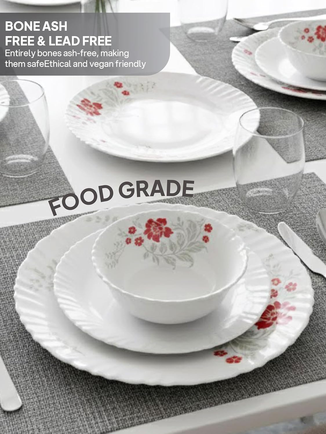 CELLO Scarlet Bliss Dazzle Series Opalware Dinner Set of 35 Pieces for Family of 6 | Bone-Ash Free & Leadfree Opal Glass, Microwave & Dishwasher Safe, Plates & Bowls Crockery Set for Dining & Gif