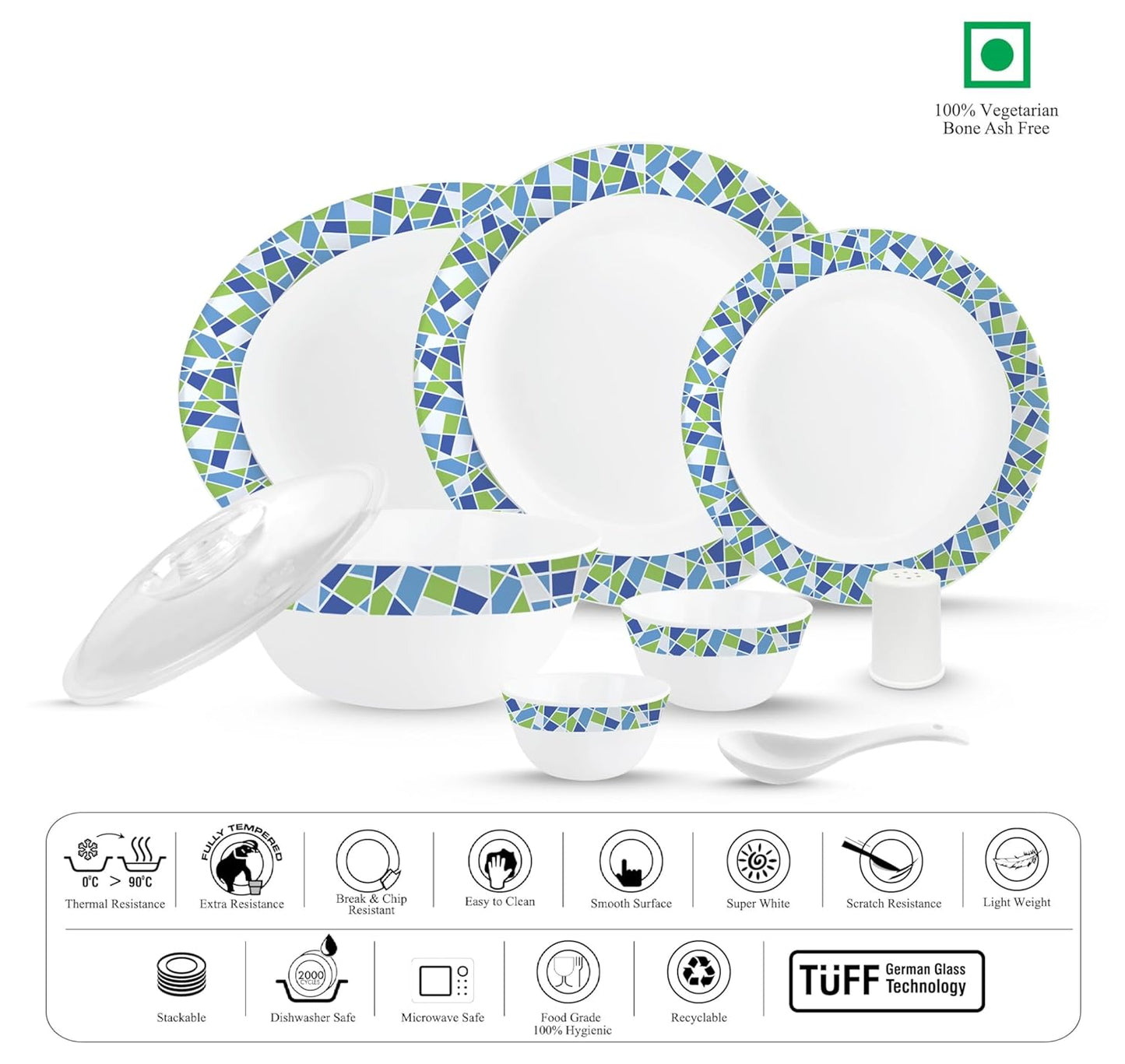 Cello Opalware Zarah Series Collage Dinner Set, 37 Units | Opal Glass Dinner Set for 6 | Crockery Set for Festive Ocassions | Light-Weight, Daily Use Crockery Set for Dining | White, Green, Blue