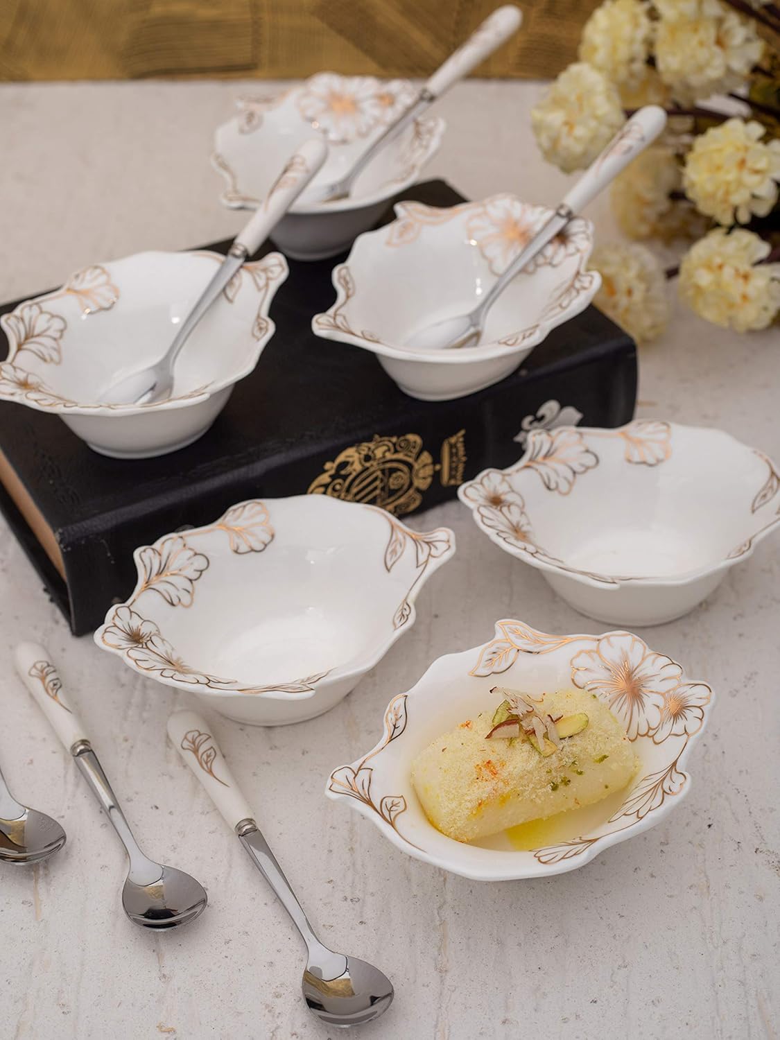 WHITE GOLD Porcelain Floral Dessert Bowls n Spoons with Real Gold Design (White) - Set of 12 Pieces