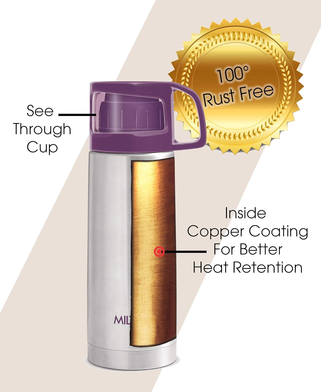 Milton Glassy 350 Thermosteel 24 Hours Hot and Cold Water Bottle with Drinking Cup Lid, 350 ml, Purple