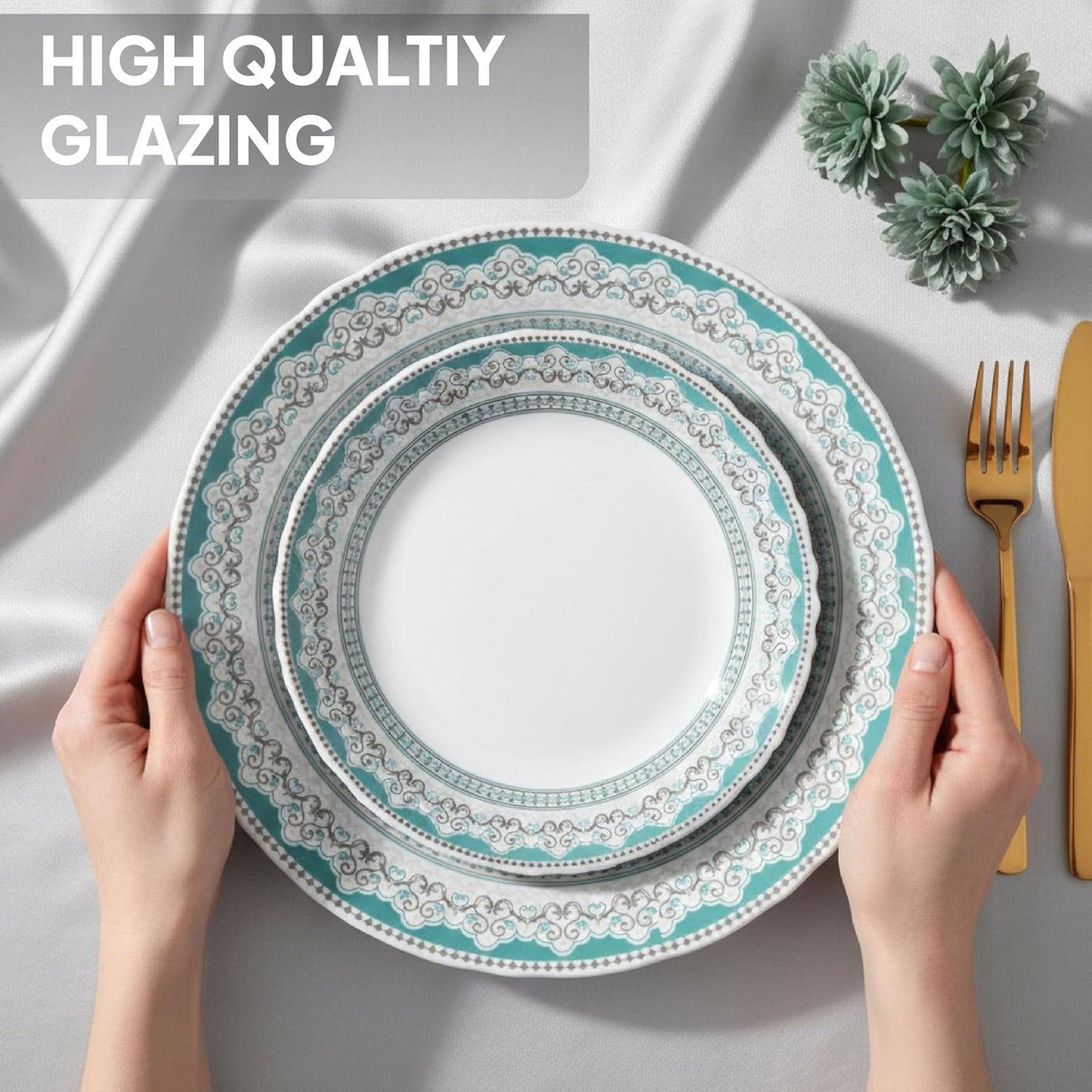 Cello Opalware Imperial Plus Celeste Dinner Set, 27 Units | Microwave & Dishwasher Safe | Light-Weight & Thermal Resistant | Crockery Set for Dining & Gifting