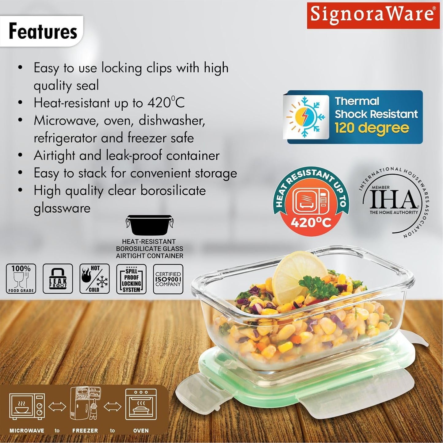 Signoraware Lock N Store Borosilicate Glass Rectangular Container with Lid | Microwave & freezer safe | Airtight & Leakproof | Ideal for Kitchen Use, Lunch box & Reheating Leftovers (Clear| 370ml)