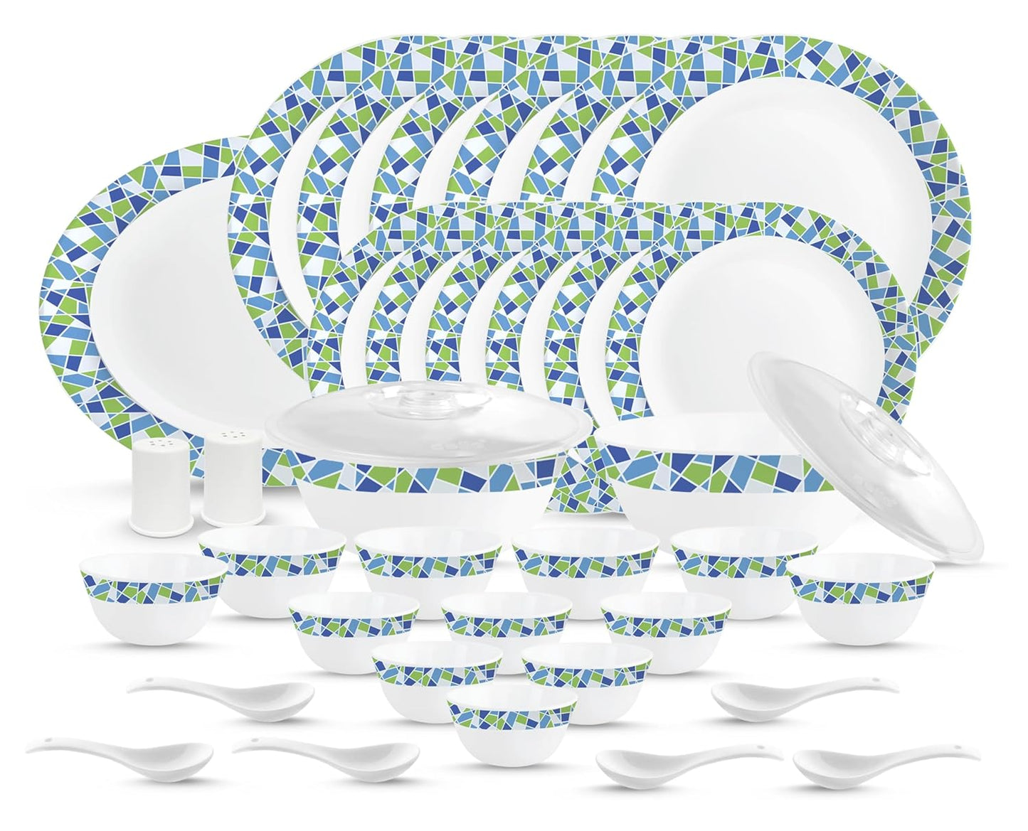 Cello Opalware Zarah Series Collage Dinner Set, 37 Units | Opal Glass Dinner Set for 6 | Crockery Set for Festive Ocassions | Light-Weight, Daily Use Crockery Set for Dining | White, Green, Blue