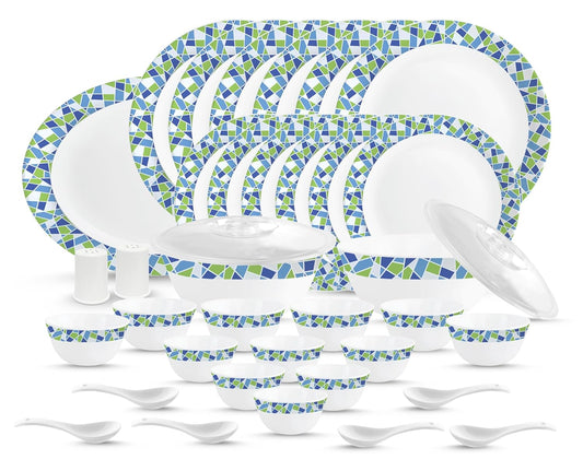 Cello Opalware Zarah Series Collage Dinner Set, 37 Units | Opal Glass Dinner Set for 6 | Crockery Set for Festive Ocassions | Light-Weight, Daily Use Crockery Set for Dining | White, Green, Blue