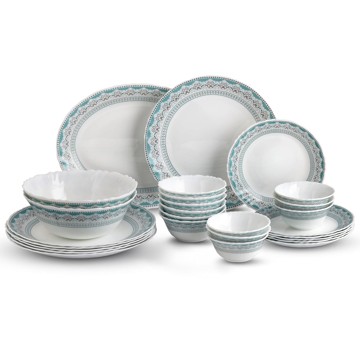 Cello Opalware Imperial Plus Celeste Dinner Set, 27 Units | Microwave & Dishwasher Safe | Light-Weight & Thermal Resistant | Crockery Set for Dining & Gifting