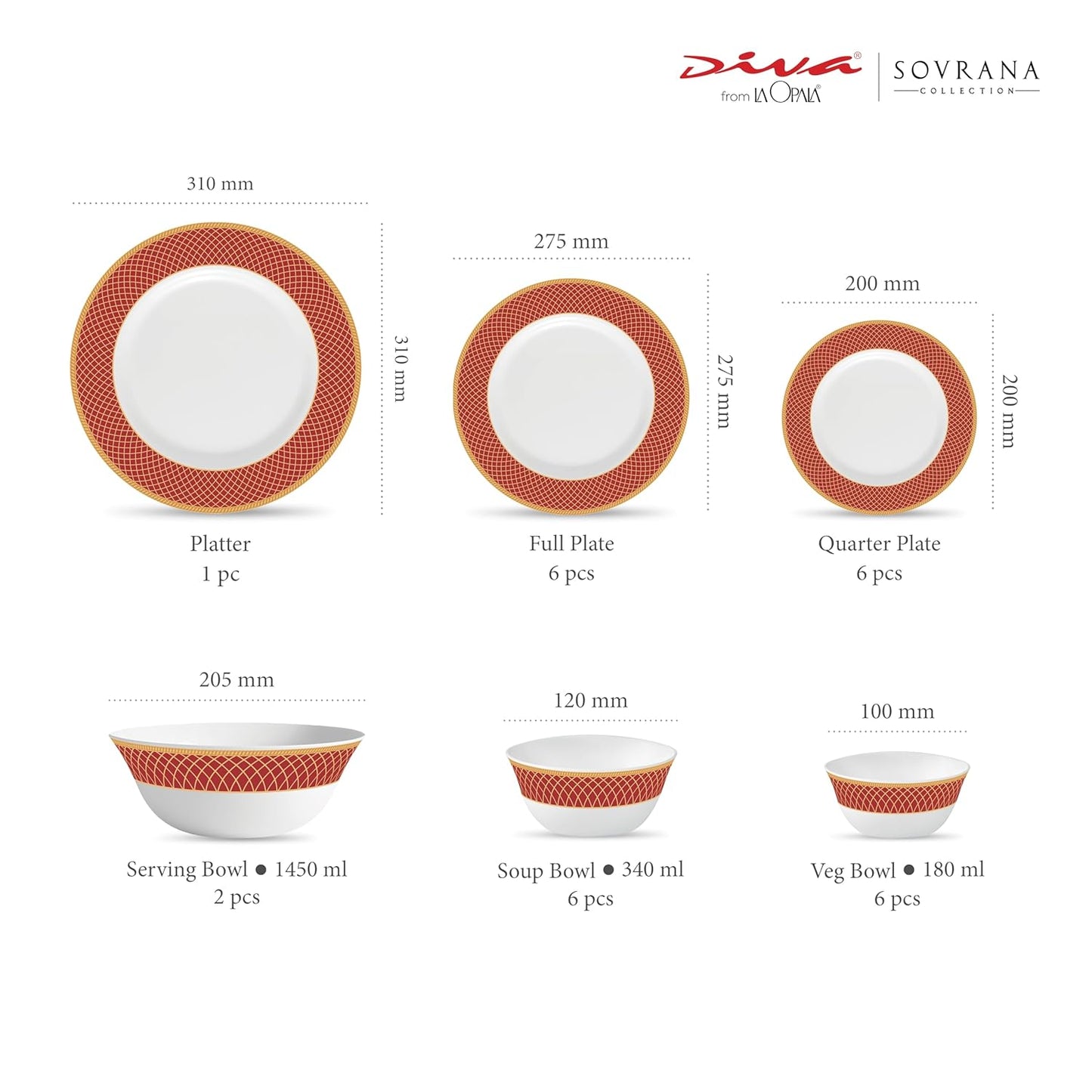 La Opala Diva Sovrana Collection Opal Glass Crockery | for Family of 6 | Dinner Set 27 pcs Regent Red | Plates & Bowls for Dining | Microwave Safe | 100% Vegetarian | Extra Strong | Light & White