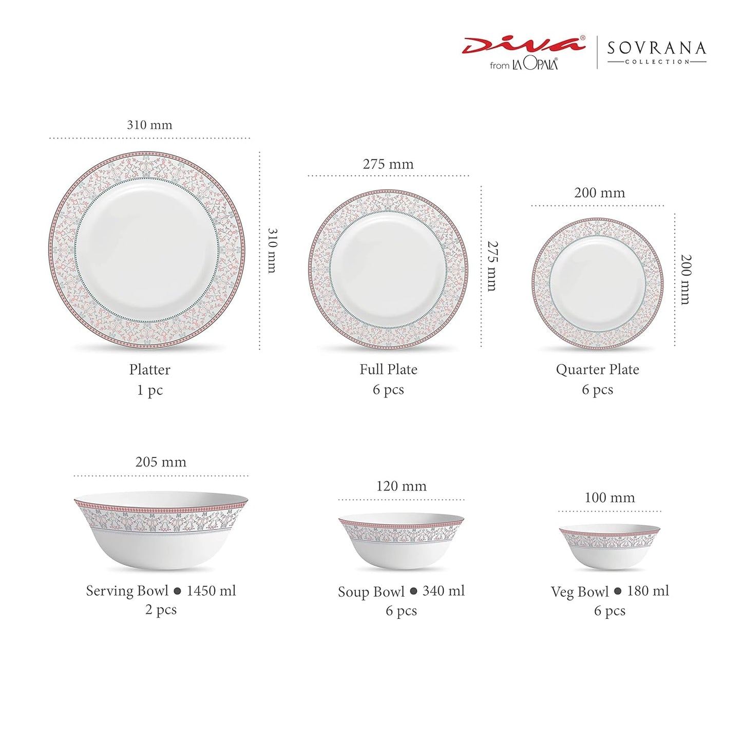 La Opala Diva, Sovrana Collection, Opal Glass Dinner Set 27 pcs, Moroccan Pink, White