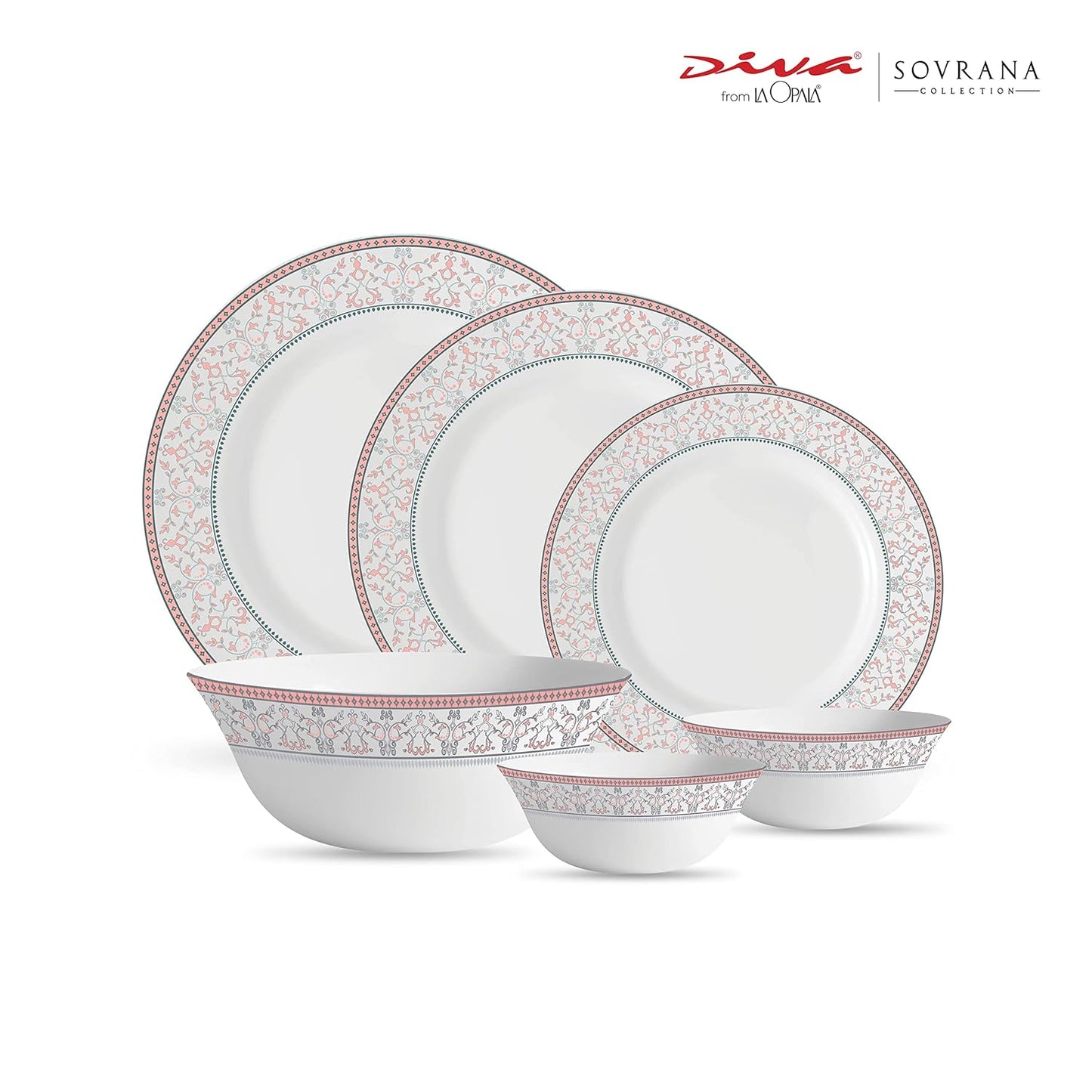 La Opala Diva, Sovrana Collection, Opal Glass Dinner Set 27 pcs, Moroccan Pink, White