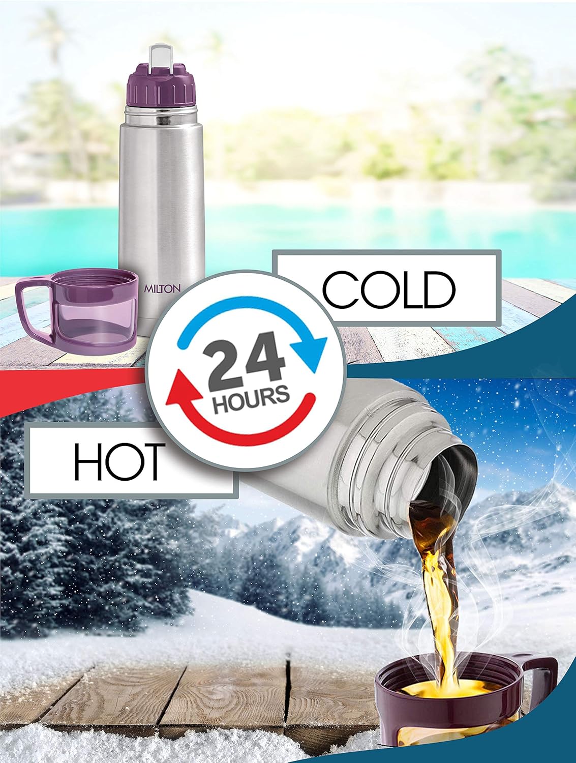 Milton Glassy 350 Thermosteel 24 Hours Hot and Cold Water Bottle with Drinking Cup Lid, 350 ml, Purple