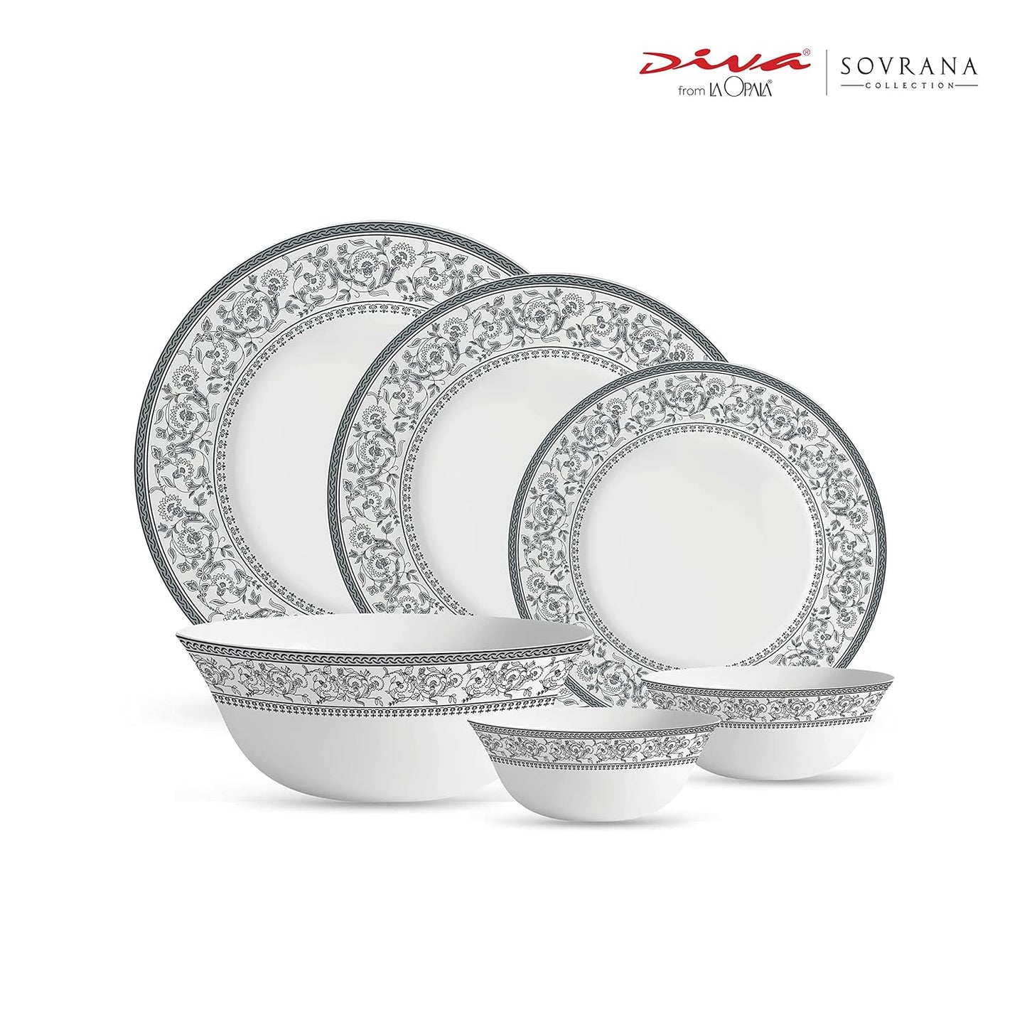 La Opala Diva, Sovrana Collection, Opal Glass Dinner Set 27 pcs, Persian Grey, White