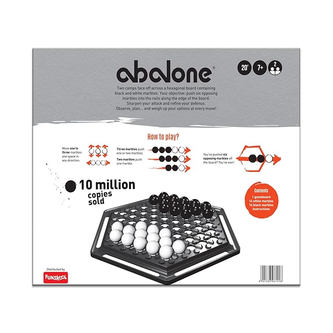 Funskool Abalone, Strategy Game, Board Game for Kids, Adults, Educational, 2 Players, 24 Black & White Marbles, Family Fun, Learning Activity Toy for Childrens, Gift Set for Kid, Ages 7+ Years