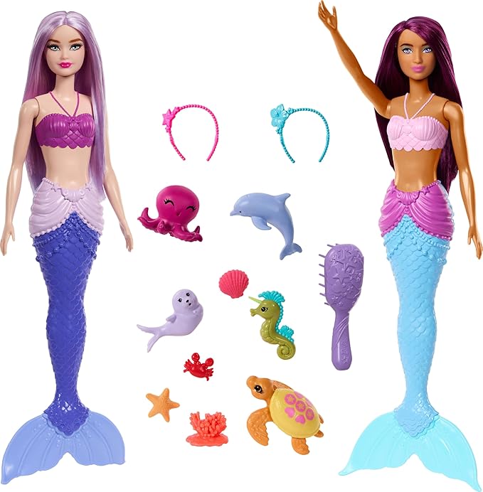Barbie Mermaid Dolls 2-Pack with Sea Animals, Headbands & Ocean Accessories