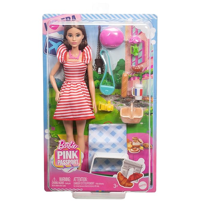 BARBIE Doll Set with Clothes & Accessories, Pink Passport Paris Adventures, Includes Brunette Doll & Picnic Pieces