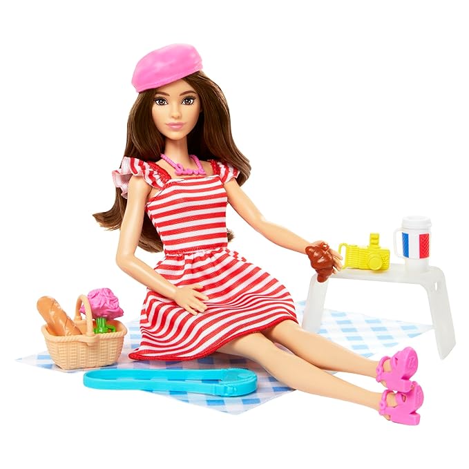 BARBIE Doll Set with Clothes & Accessories, Pink Passport Paris Adventures, Includes Brunette Doll & Picnic Pieces