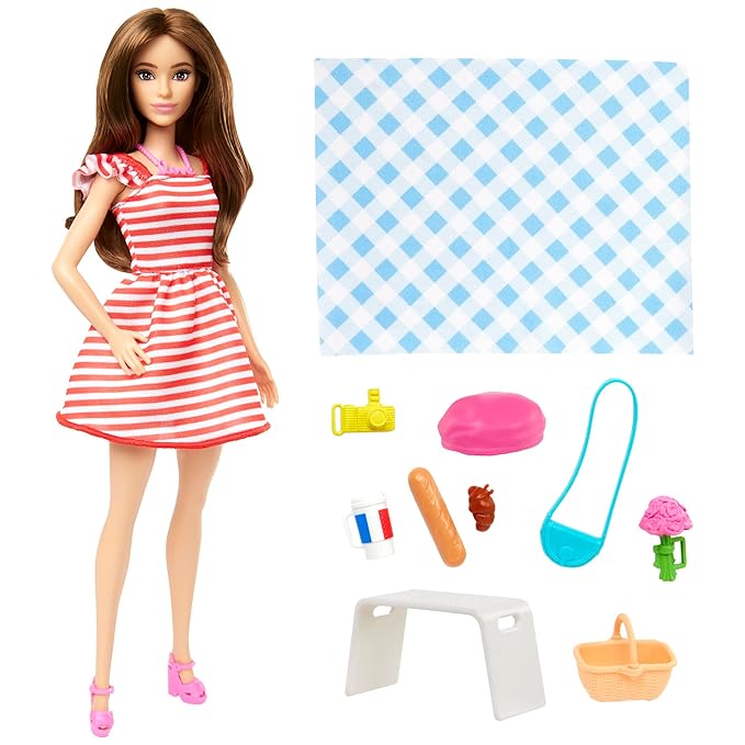 BARBIE Doll Set with Clothes & Accessories, Pink Passport Paris Adventures, Includes Brunette Doll & Picnic Pieces