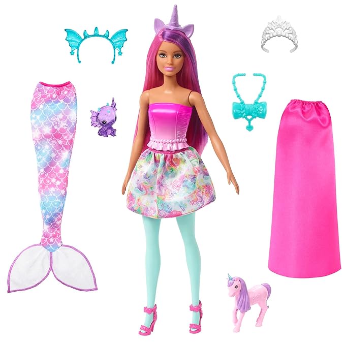 Barbie® Doll, Mermaid Toys, Clothes and Accessories, Fantasy Dress-Up Set, Baby Unicorn and Dragon Pets
