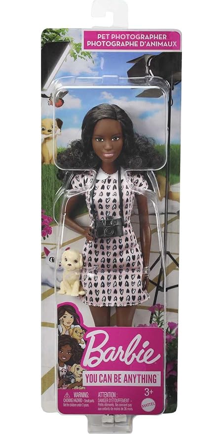 Barbie® Photographer Doll (12 inches), Petite Brunette, Heart-Print Dress & Shoes, Camera Accessory & 1 Puppy Figure, Great Gift for Ages 3 Years Old & Up