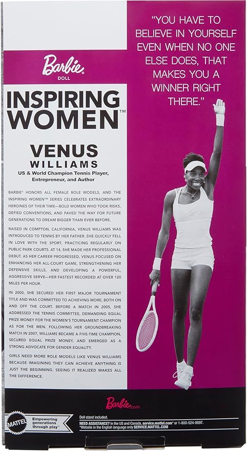 Barbie Inspiring Women Series, Venus Williams Fashion Doll with Signature Tennis Uniform and Racket, Includes Displayable Packaging