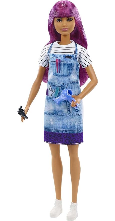 Barbie® Salon Stylist Doll (12-in/30.40-cm) with Purple Hair, Tie-dye Smock, Striped Tee, Blow Dryer & Comb Accessories, Great Gift for Ages 3 Years Old & Up