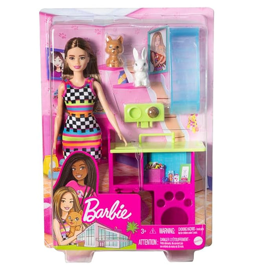 Barbie® Playset with Pet Playhouse, Doll (Brunette, Petite), Puppy and Bunny Pets, Toy for 3 Year Olds & Up