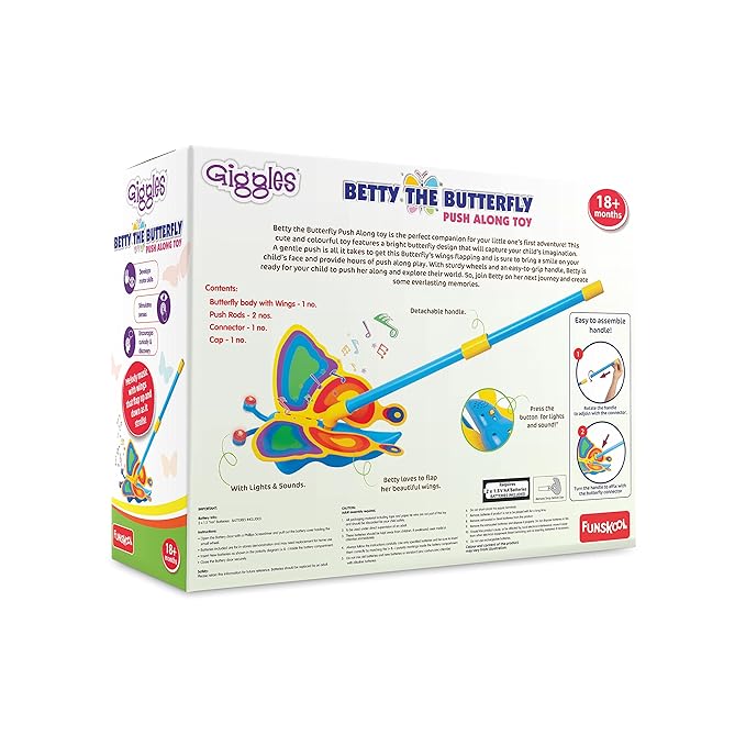 Giggles Funskool Betty The Butterfly, Educational Push Along Toys for Kids, Encourages Learning & Development, Fun Activity for Babies, Gift Set for Kid, Age 18+ Months