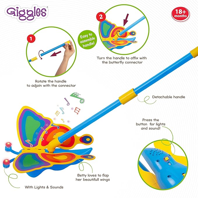 Giggles Funskool Betty The Butterfly, Educational Push Along Toys for Kids, Encourages Learning & Development, Fun Activity for Babies, Gift Set for Kid, Age 18+ Months