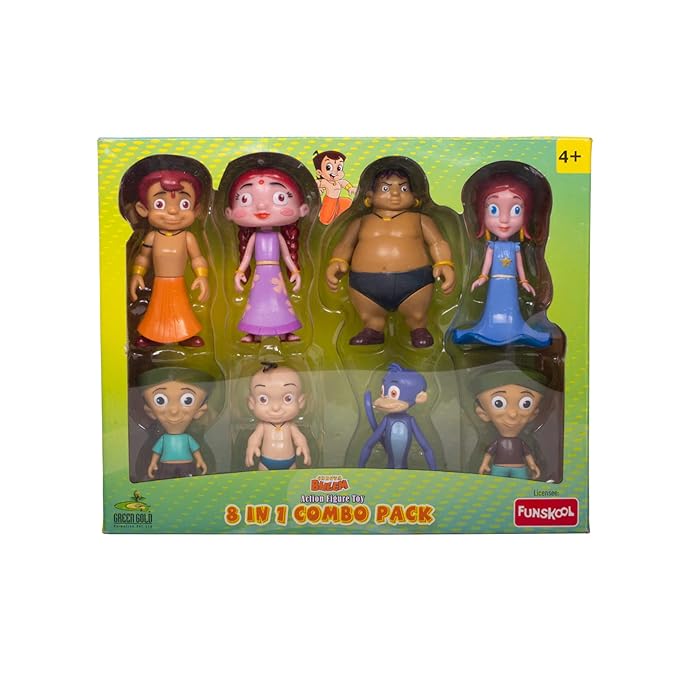 Funskool Chhota Bheem 8 in 1 Combo Action Figure Toy, Green Gold Chhota Bheem and Friends with Articulation, 4 inches, Cartoon Collectibles, Gift for Children, Toys for Kids Ages 4+ Years