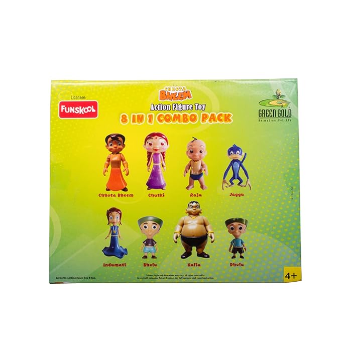 Funskool Chhota Bheem 8 in 1 Combo Action Figure Toy, Green Gold Chhota Bheem and Friends with Articulation, 4 inches, Cartoon Collectibles, Gift for Children, Toys for Kids Ages 4+ Years