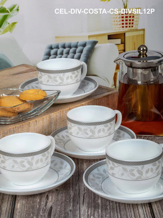 Cello Divine Printed White Opalware Tea Cups & Saucers - Set of 6 (160ml) Cello Divine Printed White Opalware Tea Cups & Saucers - Set of 6 Silver oro