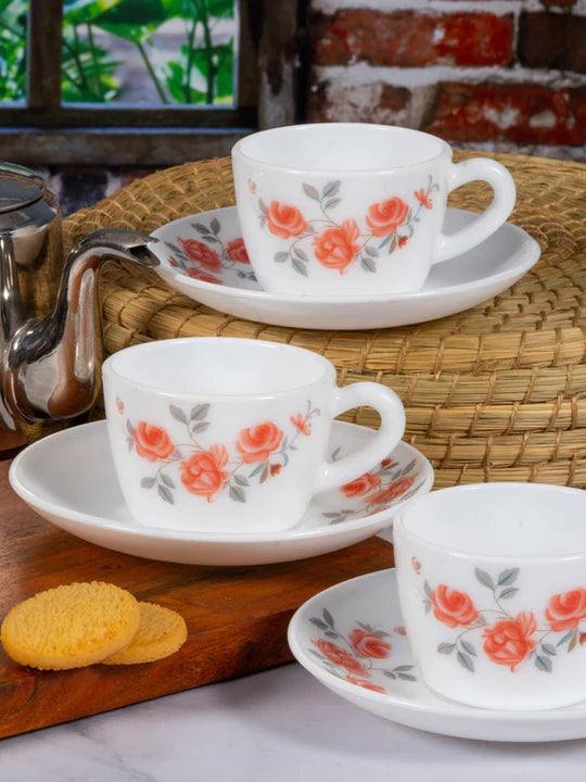 Cello Imperial Set of 12 Red Rose Fantasy Design Opalware Cup and Saucer Set- 130ml