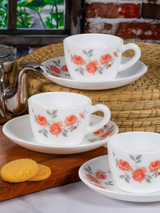Cello Imperial Set of 12 Red Rose Fantasy Design Opalware Cup and Saucer Set- 130ml