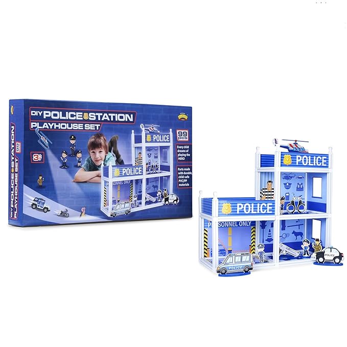 DIY Police Station Playhouse Set – 99 Pcs Interactive Role-Play Toy, Multi-Level Police Headquarters with Cars, Figures & Accessories, Kids Pretend Play Set