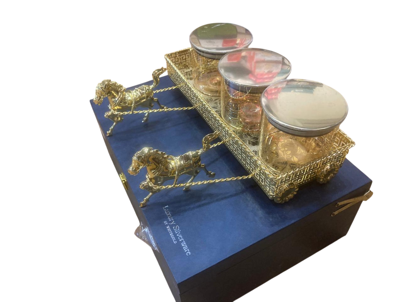 Whitegold Silverware Royal Golden Chariot Glass Jar Set Of 3 .
