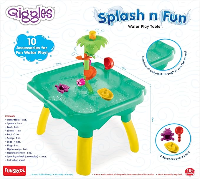 Funskool Giggles Splash n Fun Water Play Table, 10 Accessories for Water Fun Play, Ideal for pre-Schoolers, Multi-Colour.