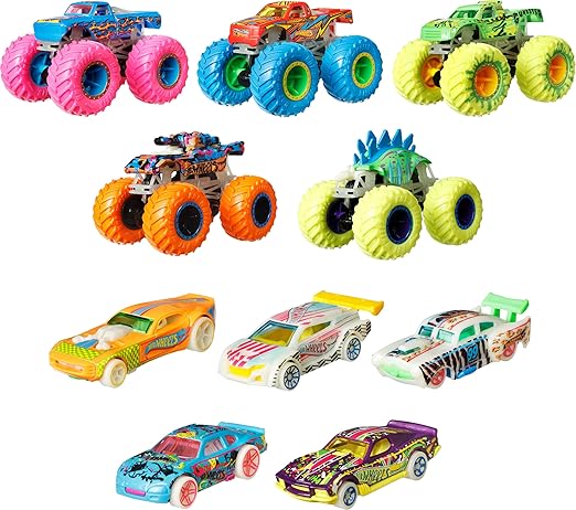 Hot Wheels Monster Trucks Glow in The Dark Multipack with 10 Toy Vehicles: 5 Monster Trucks & 5 1:64 Scale Cars, Collectible Gift for Kids Ages 4 to 8 Years Old