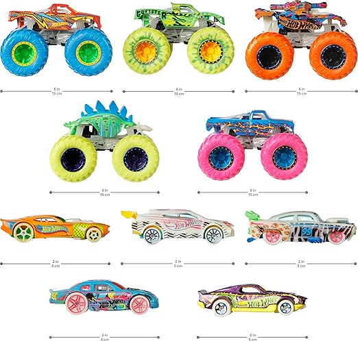 Hot Wheels Monster Trucks Glow in The Dark Multipack with 10 Toy Vehicles: 5 Monster Trucks & 5 1:64 Scale Cars, Collectible Gift for Kids Ages 4 to 8 Years Old