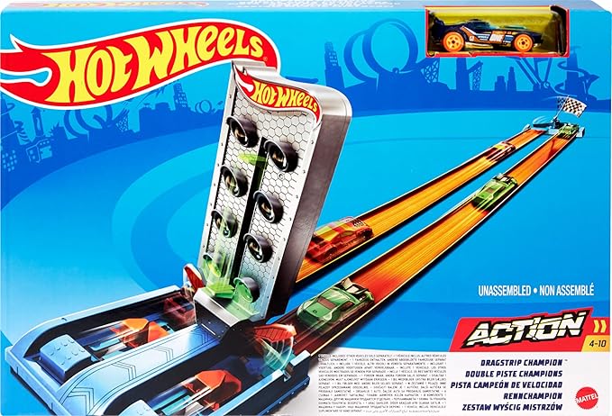 Hot Wheels® Dragstrip Champion™ Playset with One 1:64 Scale Toy Car, Track Set Includes Launcher, Start Gate and Winning Flag