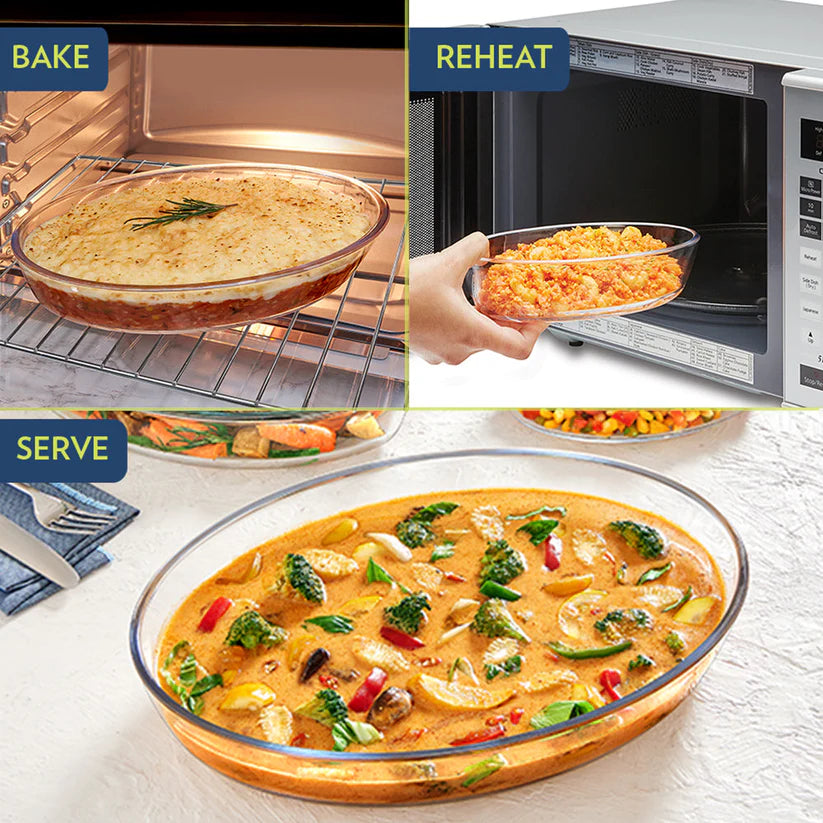 Borosil Baking & Serving Oval Shape Dish | Borosilicate Glass Bakeware and Serveware Tray | Microwave, Oven & Dishwasher Safe Bowl | Transparent Container (1.6 L)